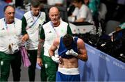 28 July 2024; Aidan Walsh of Team Ireland dejected after his defeat by Makan Traore of Team France in their men's 71kg preliminary round of 32 bout at the North Paris Arena during the 2024 Paris Summer Olympic Games in Paris, France. Photo by David Fitzgerald/Sportsfile