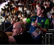 28 July 2024; Michaela Walsh of Team Ireland, sister of Aidan Walsh, watches the men's 71kg preliminary round of 32 bout between Aidan Walsh of Team Ireland and Makan Traore of Team France at the North Paris Arena during the 2024 Paris Summer Olympic Games in Paris, France. Photo by David Fitzgerald/Sportsfile