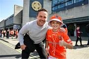 28 July 2024; Former Mayo footballer Andy Moran with Armagh supporter Tomás Og McNicholl, ten years, from the Moy Club, before GAA Football All-Ireland Senior Championship Final match between Armagh and Galway at Croke Park in Dublin. Photo by Ray McManus/Sportsfile