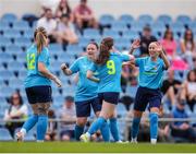 28 July 2024; Sarah Ryan of Terenure Rangers, 9, celebrates after scoring her side's first goal with teammates during the FAI Women's Amateur Cup Final 2024 match between Whitehall Rangers and Terenure Rangers at UCD Bowl in Dublin. Photo by Michael P Ryan/Sportsfile