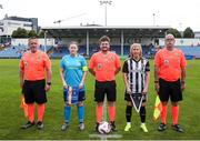 28 July 2024; Referee Eric McCann and his assistants with Terenure Rangers captain Niamh Carroll, left, and Whitehall Rangers captain Charlie Graham before the FAI Women's Amateur Cup Final 2024 match between Whitehall Rangers and Terenure Rangers at UCD Bowl in Dublin. Photo by Michael P Ryan/Sportsfile