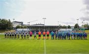 28 July 2024; Players and officials stand for the playing of the national anthem before the FAI Women's Amateur Cup Final 2024 match between Whitehall Rangers and Terenure Rangers at UCD Bowl in Dublin. Photo by Michael P Ryan/Sportsfile