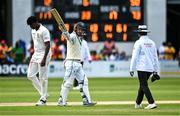 28 July 2024; Andy McBrine of Ireland reacts after hitting his 50 runs during day four of the Test Match between Ireland and Zimbabwe at Stormont in Belfast. Photo by Oliver McVeigh/Sportsfile
