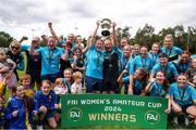 28 July 2024; Terenure Rangers captain Niamh Carroll and manager Caroline Kelly lift the cup after the FAI Women's Amateur Cup Final 2024 match between Whitehall Rangers and Terenure Rangers at UCD Bowl in Dublin. Photo by Michael P Ryan/Sportsfile