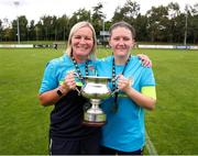 28 July 2024; Terenure Rangers manager Caroline Kelly, left, and captain Niamh Carroll after the FAI Women's Amateur Cup Final 2024 match between Whitehall Rangers and Terenure Rangers at UCD Bowl in Dublin. Photo by Michael P Ryan/Sportsfile