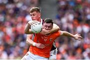 28 July 2024; Oisin Conaty of Armagh in action against Dylan McHugh of Galway during the GAA Football All-Ireland Senior Championship Final match between Armagh and Galway at Croke Park in Dublin. Photo by Harry Murphy/Sportsfile