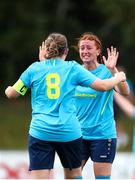 28 July 2024; Niamh Carroll of Terenure Rangers, left, and Melissa Haughton, celebrate at the final whistle during the FAI Women's Amateur Cup Final 2024 match between Whitehall Rangers and Terenure Rangers at UCD Bowl in Dublin. Photo by Michael P Ryan/Sportsfile