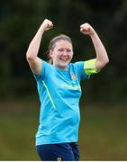 28 July 2024; Terenure Rangers captain Niamh Carroll celebrates at the final whistle during the FAI Women's Amateur Cup Final 2024 match between Whitehall Rangers and Terenure Rangers at UCD Bowl in Dublin. Photo by Michael P Ryan/Sportsfile