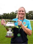 28 July 2024; Terenure Rangers manager Caroline Kelly, with the cup after the FAI Women's Amateur Cup Final 2024 match between Whitehall Rangers and Terenure Rangers at UCD Bowl in Dublin. Photo by Michael P Ryan/Sportsfile