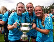 28 July 2024; Terenure Rangers captain Niamh Carroll, left, and her teammates celebrate after the FAI Women's Amateur Cup Final 2024 match between Whitehall Rangers and Terenure Rangers at UCD Bowl in Dublin. Photo by Michael P Ryan/Sportsfile