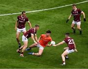 28 July 2024; Ben Crealey of Armagh in action against Galway players, left to right, John Maher, Dylan McHugh, Johnny Heaney, and Johnny McGrath during the GAA Football All-Ireland Senior Championship Final match between Armagh and Galway at Croke Park in Dublin. Photo by Daire Brennan/Sportsfile