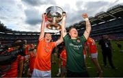 28 July 2024; Aidan Nugent, left, and Armagh goalkeeper Blaine Hughes lift the Sam Maguire Cup after the GAA Football All-Ireland Senior Championship Final match between Armagh and Galway at Croke Park in Dublin. Photo by Ramsey Cardy/Sportsfile