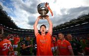 28 July 2024; Ben Crealey of Armagh lifts the Sam Maguire Cup after the GAA Football All-Ireland Senior Championship Final match between Armagh and Galway at Croke Park in Dublin. Photo by Ramsey Cardy/Sportsfile