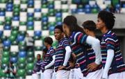 28 July 2024; France players, including Lucas Michal, centre, warm up before the UEFA European U19 Championship finals match between Spain and France at the National Football Stadium at Windsor Park, Belfast. Photo by Shauna Clinton/Sportsfile