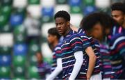 28 July 2024; France players, including Lucas Michal, centre, warm up before the UEFA European U19 Championship finals match between Spain and France at the National Football Stadium at Windsor Park, Belfast. Photo by Shauna Clinton/Sportsfile