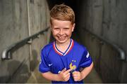 28 July 2024; France supporter Louis White, aged eight, from Belfast in Ireland before the UEFA European U19 Championship finals match between Spain and France at the National Football Stadium at Windsor Park, Belfast. Photo by Shauna Clinton/Sportsfile
