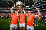 28 July 2024; Jason Duffy, left, Ross McQuillan, centre, and Aidan Nugent of Armagh lift the Sam Maguire Cup after the GAA Football All-Ireland Senior Championship Final match between Armagh and Galway at Croke Park in Dublin. Photo by Ramsey Cardy/Sportsfile