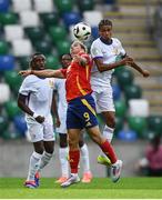 28 July 2024; Iker Bravo of Spain in action against Jean-Mattéo Bahoya of France during the UEFA European U19 Championship finals match between Spain and France at the National Football Stadium at Windsor Park, Belfast. Photo by Shauna Clinton/Sportsfile
