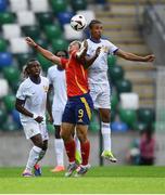 28 July 2024; Iker Bravo of Spain in action against Jean-Mattéo Bahoya of France during the UEFA European U19 Championship finals match between Spain and France at the National Football Stadium at Windsor Park, Belfast. Photo by Shauna Clinton/Sportsfile