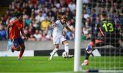 28 July 2024; Saimon Nadélia Bouabré of France has a shot on goal during the UEFA European U19 Championship finals match between Spain and France at the National Football Stadium at Windsor Park, Belfast. Photo by Shauna Clinton/Sportsfile