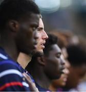 28 July 2024; France players, including Elyaz Zidane, second from left, sing the national anthem before the UEFA European U19 Championship finals match between Spain and France at the National Football Stadium at Windsor Park, Belfast. Photo by Shauna Clinton/Sportsfile