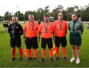 28 July 2024; FAI head of women's football Hannah Dingley, right, with match officials from left, fourth official Keith White, assistant Gareth Fletcher, referee Eric McCann, and assistant James McDonnell after the FAI Women's Amateur Cup Final 2024 match between Whitehall Rangers and Terenure Rangers at UCD Bowl in Dublin. Photo by Michael P Ryan/Sportsfile