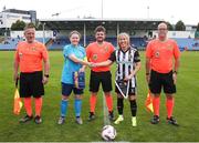 28 July 2024; Referee Eric McCann and his assistants with Terenure Rangers captain Niamh Carroll, left, and Whitehall Rangers captain Charlie Graham before the FAI Women's Amateur Cup Final 2024 match between Whitehall Rangers and Terenure Rangers at UCD Bowl in Dublin. Photo by Michael P Ryan/Sportsfile