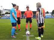 28 July 2024; Referee Eric McCann performs the coin toss before the FAI Women's Amateur Cup Final 2024 match between Whitehall Rangers and Terenure Rangers at UCD Bowl in Dublin. Photo by Michael P Ryan/Sportsfile