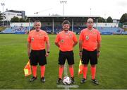 28 July 2024; Referee Eric McCann, centre, with his assistants Gareth Fletcher, left, and James McDonnell before the FAI Women's Amateur Cup Final 2024 match between Whitehall Rangers and Terenure Rangers at UCD Bowl in Dublin. Photo by Michael P Ryan/Sportsfile