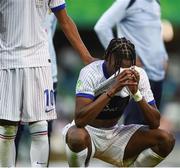 28 July 2024; Jérémy Jacquet of France dejected after his side's defeat in the UEFA European U19 Championship finals match between Spain and France at the National Football Stadium at Windsor Park, Belfast. Photo by Shauna Clinton/Sportsfile