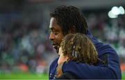 28 July 2024; France manager Bernard Diomede and his son after his side's defeat in the UEFA European U19 Championship finals match between Spain and France at the National Football Stadium at Windsor Park, Belfast. Photo by Shauna Clinton/Sportsfile