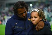 28 July 2024; France manager Bernard Diomede and his son after his side's defeat in the UEFA European U19 Championship finals match between Spain and France at the National Football Stadium at Windsor Park, Belfast. Photo by Shauna Clinton/Sportsfile