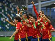 28 July 2024; Spain players celebrate after their side's victory in the UEFA European U19 Championship finals match between Spain and France at the National Football Stadium at Windsor Park, Belfast. Photo by Shauna Clinton/Sportsfile