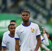 28 July 2024; Steve Ngourai of France dejected after his side's defeat in the UEFA European U19 Championship finals match between Spain and France at the National Football Stadium at Windsor Park, Belfast. Photo by Shauna Clinton/Sportsfile