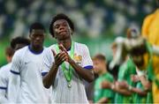 28 July 2024; Ayman Aiki of France dejected after his side's defeat in the UEFA European U19 Championship finals match between Spain and France at the National Football Stadium at Windsor Park, Belfast. Photo by Shauna Clinton/Sportsfile