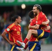 28 July 2024; David Mella of Spain celebrates after his side's victory in the UEFA European U19 Championship finals match between Spain and France at the National Football Stadium at Windsor Park, Belfast. Photo by Shauna Clinton/Sportsfile