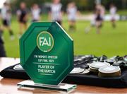 28 July 2024; A general view of the eplayer of the match award after the FAI Women's Amateur Cup Final 2024 match between Whitehall Rangers and Terenure Rangers at UCD Bowl in Dublin. Photo by Michael P Ryan/Sportsfile