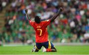28 July 2024; Assane Diao of Spain celebrates at the final whistle of the UEFA European U19 Championship finals match between Spain and France at the National Football Stadium at Windsor Park, Belfast. Photo by Shauna Clinton/Sportsfile