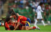 28 July 2024; Spain players celebrate at the final whistle of the UEFA European U19 Championship finals match between Spain and France at the National Football Stadium at Windsor Park, Belfast. Photo by Shauna Clinton/Sportsfile