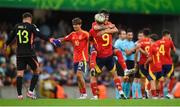 28 July 2024; Spain players celebrate at the final whistle of the UEFA European U19 Championship finals match between Spain and France at the National Football Stadium at Windsor Park, Belfast. Photo by Shauna Clinton/Sportsfile