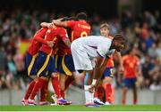 28 July 2024; Steve Ngoura of France reacts at the final whistle of the UEFA European U19 Championship finals match between Spain and France at the National Football Stadium at Windsor Park, Belfast. Photo by Shauna Clinton/Sportsfile
