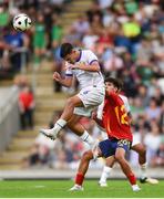 28 July 2024; Mayssam Benama of France in action against Rayane Belid of Spain during the UEFA European U19 Championship finals match between Spain and France at the National Football Stadium at Windsor Park, Belfast. Photo by Shauna Clinton/Sportsfile