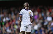28 July 2024; Aboubaka Soumahoro of France reacts to a missed shot on goal during the UEFA European U19 Championship finals match between Spain and France at the National Football Stadium at Windsor Park, Belfast. Photo by Shauna Clinton/Sportsfile