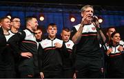 28 July 2024; Armagh manager Kieran McGeeney makes a speech at the Armagh team homecoming to their team hotel at the Carrickdale Hotel in Dundalk, Louth, after their victory over Galway in the GAA Football All-Ireland Senior Championship Final match at Croke Park in Dublin earlier. Photo by Ben McShane/Sportsfile