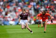 28 July 2024; Wallis Ashmore, Marshalstown NS, Marshalstown, Wexford, representing Galway in action against Eva Casserly, Bohermeen NS, Navan, Meath, representing Armagh during the GAA INTO Cumann na mBunscol Respect Exhibition Go Games at the GAA Football All-Ireland Senior Championship Final match between Armagh and Galway at Croke Park in Dublin. Photo by Ray McManus/Sportsfile