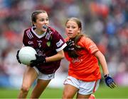 28 July 2024; Leah Fernell, Scoil Naomh Gobnait, Dungarvan, Waterford, representing Galway and Aoibhinn Canavan, St Malachy's PS, Ballygawley, Tyrone, representing Armagh during the GAA INTO Cumann na mBunscol Respect Exhibition Go Games at the GAA Football All-Ireland Senior Championship Final match between Armagh and Galway at Croke Park in Dublin. Photo by Ray McManus/Sportsfile