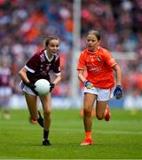 28 July 2024; Muireann Ní Chathasaigh, Gaelscoil Durlas, Tiobraid Árann, representing Galway and Aoibhinn Canavan, St Malachy's PS, Ballygawley, Tyrone, representing Armagh during the GAA INTO Cumann na mBunscol Respect Exhibition Go Games at the GAA Football All-Ireland Senior Championship Final match between Armagh and Galway at Croke Park in Dublin. Photo by Ray McManus/Sportsfile