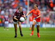 28 July 2024; Muireann Ní Chathasaigh, Gaelscoil Durlas, Tiobraid Árann, representing Galway and Aoibhinn Canavan, St Malachy's PS, Ballygawley, Tyrone, representing Armagh during the GAA INTO Cumann na mBunscol Respect Exhibition Go Games at the GAA Football All-Ireland Senior Championship Final match between Armagh and Galway at Croke Park in Dublin. Photo by Ray McManus/Sportsfile