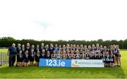 28 July 2024; The Galway team who came second in the Women's County event, left, with the Tipperary team who won the Women's County event, centre, and the East Cork team that came third in the Womens County event at the 123.ie National Track and Field League Final at Tullamore Harriers Athletics Club in Offaly. Photo by Matt Browne/Sportsfile