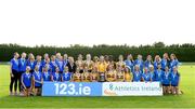 28 July 2024; The Dundrum South Dublin AC team who came second in the Women's Premier Event, left, with the Leevale AC team who won the Premier event, centre, and the Finn Valley AC team who came third in the Premier Women's event at the 123.ie National Track and Field League Final at Tullamore Harriers Athletics Club in Offaly. Photo by Matt Browne/Sportsfile